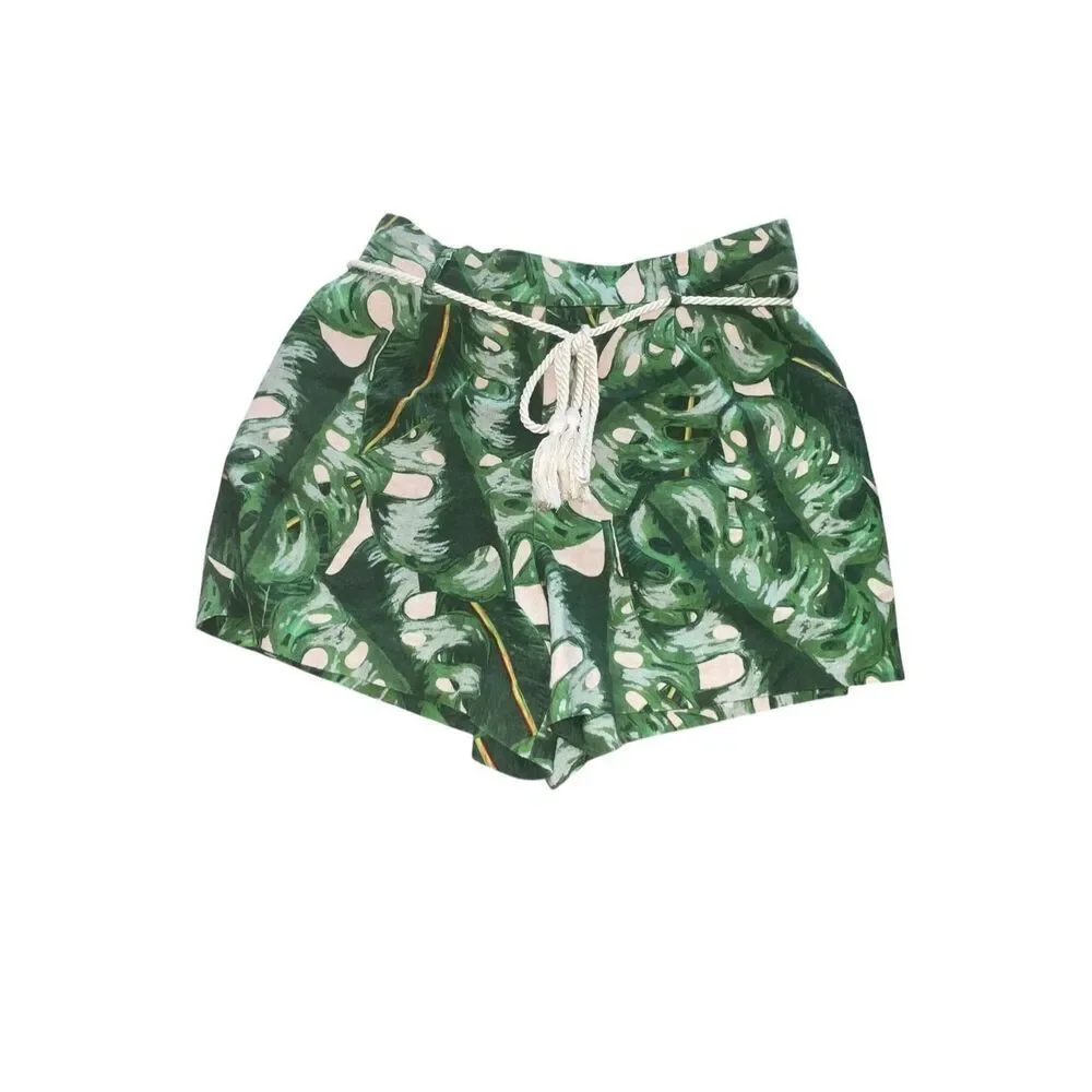 Joie Tropical Green Leaf Print High Waist Shorts M linen blend vacation beach